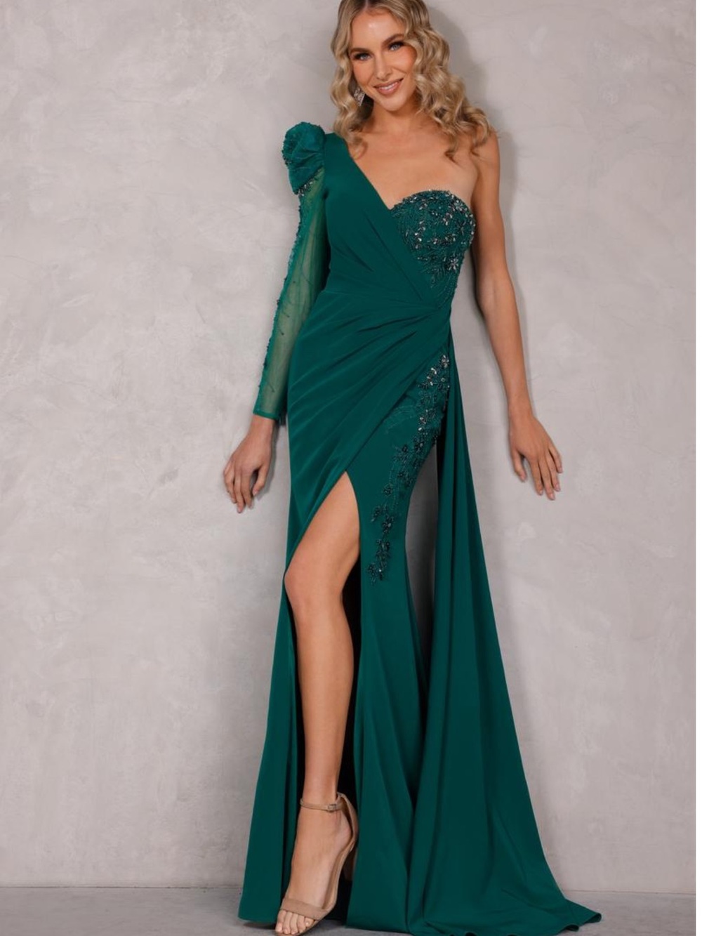 Terani Couture 0164 Emerald One-Shoulder Evening Gown with Beaded Accents